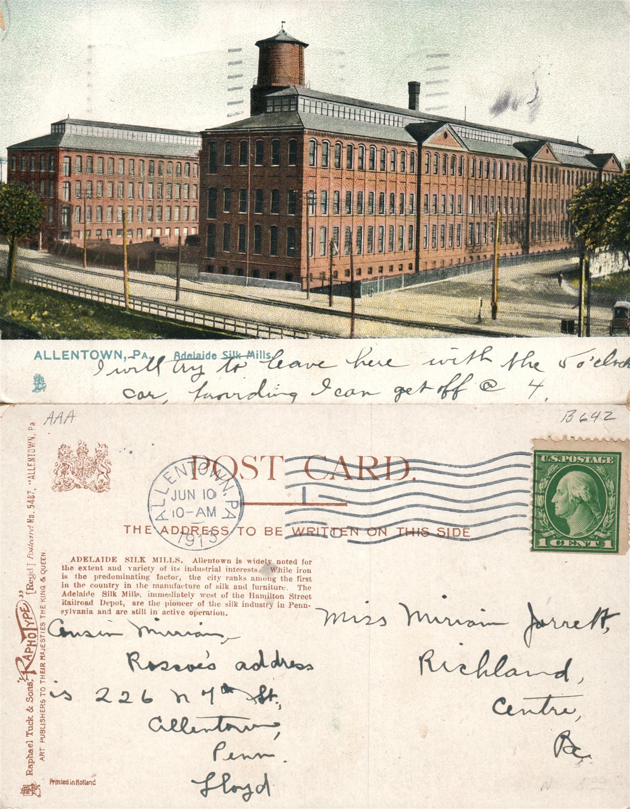 ALLENTOWN PA ADELAIDE SILK MILLS 1913 ANTIQUE POSTCARD eBay