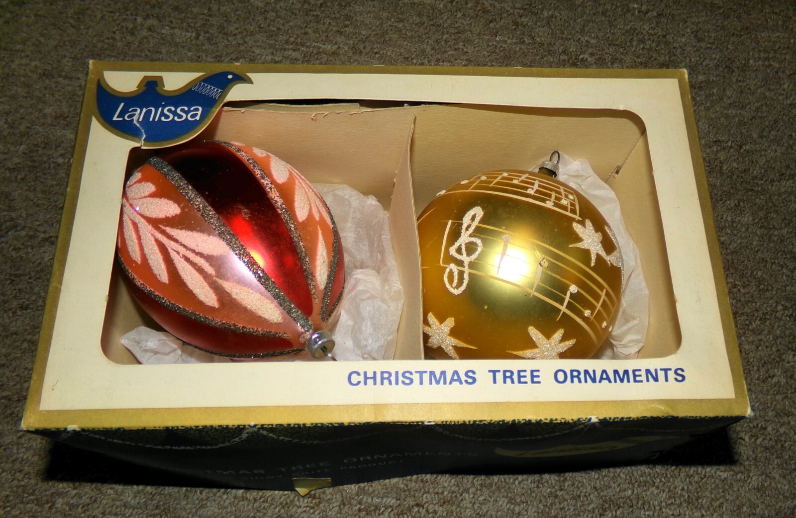 2 LARGE Lanissa Vintage Glass West Germany Christmas Ornaments Musical