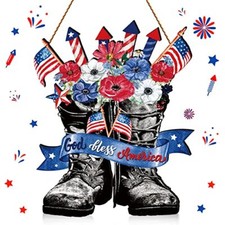 4th of July Welcome Door Sign Patriotic Decorations Wooden Independence Day