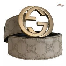 Authentic Gucci Cream Guccissima Leather Gold Interlocking G Buckle Belt 85/34