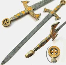 The Knights Templar  Crusader Sword Custom Handmade Damascus Steel With Leather