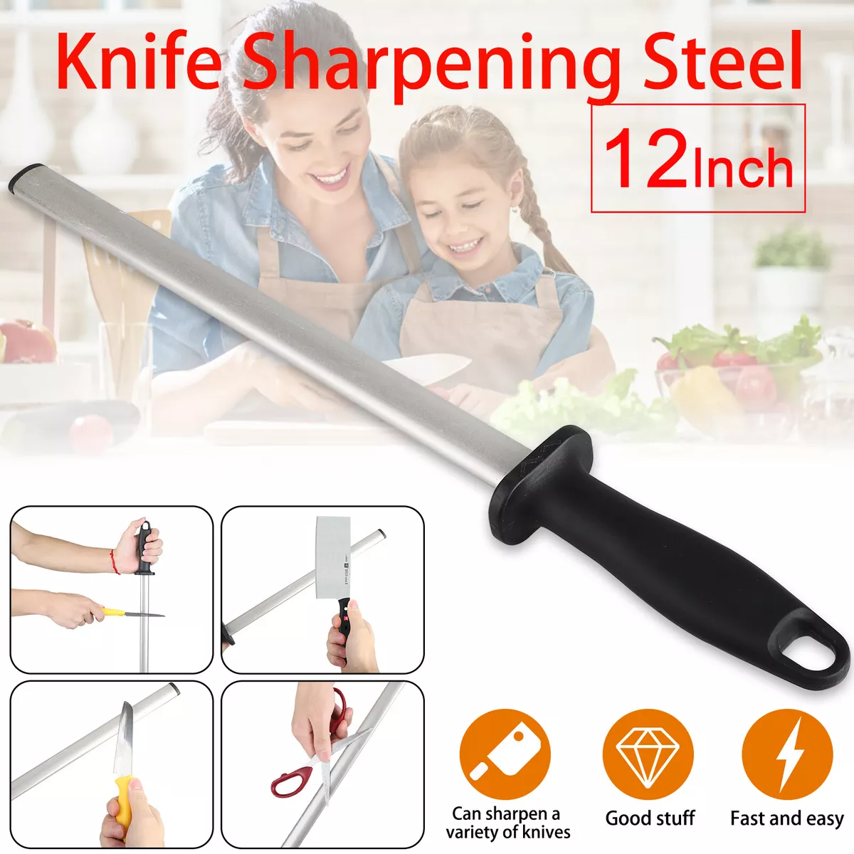 600# 12'' Grit Diamond Kitchen Knife Sharpening Steel Rod Sharpener Stone  Stick