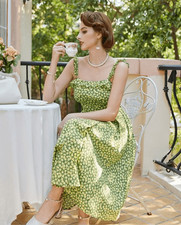 Belle Poque Green Floral Midi Dress Size Small Cottagecore Fit & Flare Sundress