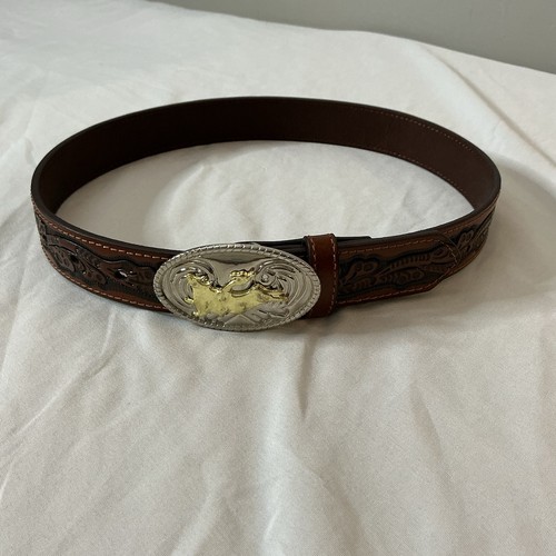 Nacona Belt Co Youth Size 26” Genuine Embossed Leather #92578 Bull Riding Buckle