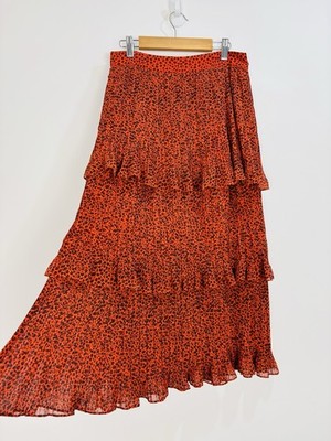 Whistles Rock Damen Größe 8 Orange Schwarz Midi Stufen Chiffon Plissee Leopard Reißverschluss