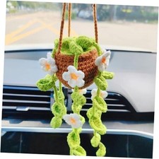 Potted Plants Crochet Rear View Mirror Accessories, Hand Crocheted Glue White