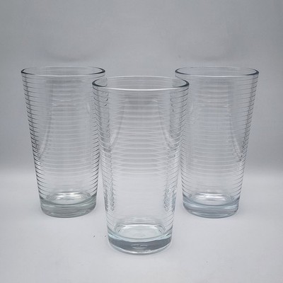 Set Of 3 Pasabahce Doro 16 Oz Clear Glass 6'' Tumblers Glasses Horizontal Lines