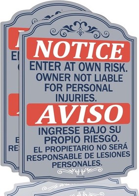 Notice Enter At Own Risk Bilingual Metal Security Signs 14x10 Inch 2 PCS