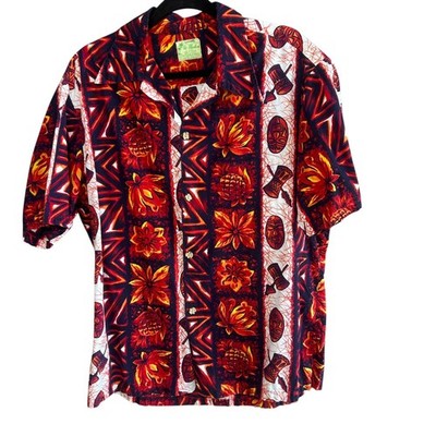 Ui-Maikai Shirt Vintage 70s Hawaiian Red Tribal Print  100% Cotton