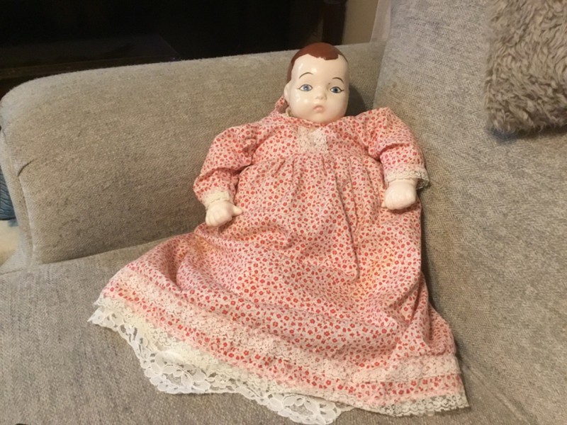 antique porcelain doll with soft body 16" small print dress with petticoat