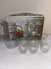 7Pc Vintage Arcoroc Fleur Luminarc France Pitcher & 6 Drinking Glasses NOS New