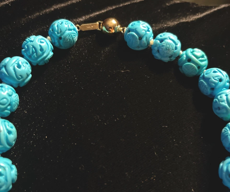 Collar Shou Turquesa Tallada China Estate 18" Cierre 14kt Foto 2 de 4