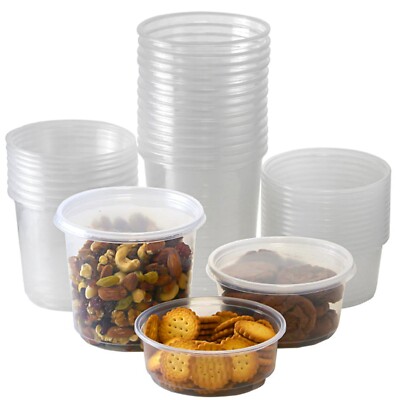250 x durchsichtiger Kunststoff runder Lebensmittelbehälter mit Deckel Deli Pots Wanne für Sauce Dip