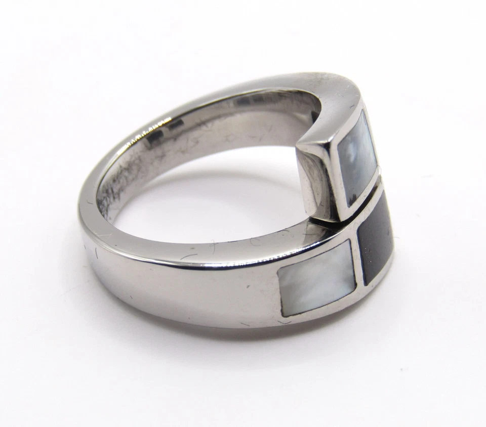 Unique Stainless Steel Black Onyx Mother of Pearl Inlaid By-Pass Ring Sz 6 - Image 4 of 4