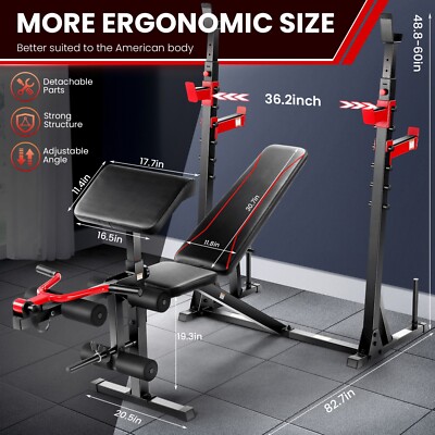900LBS Weight Bench Set w/Squat Rack Preacher Curl Full Body Workout for Home US