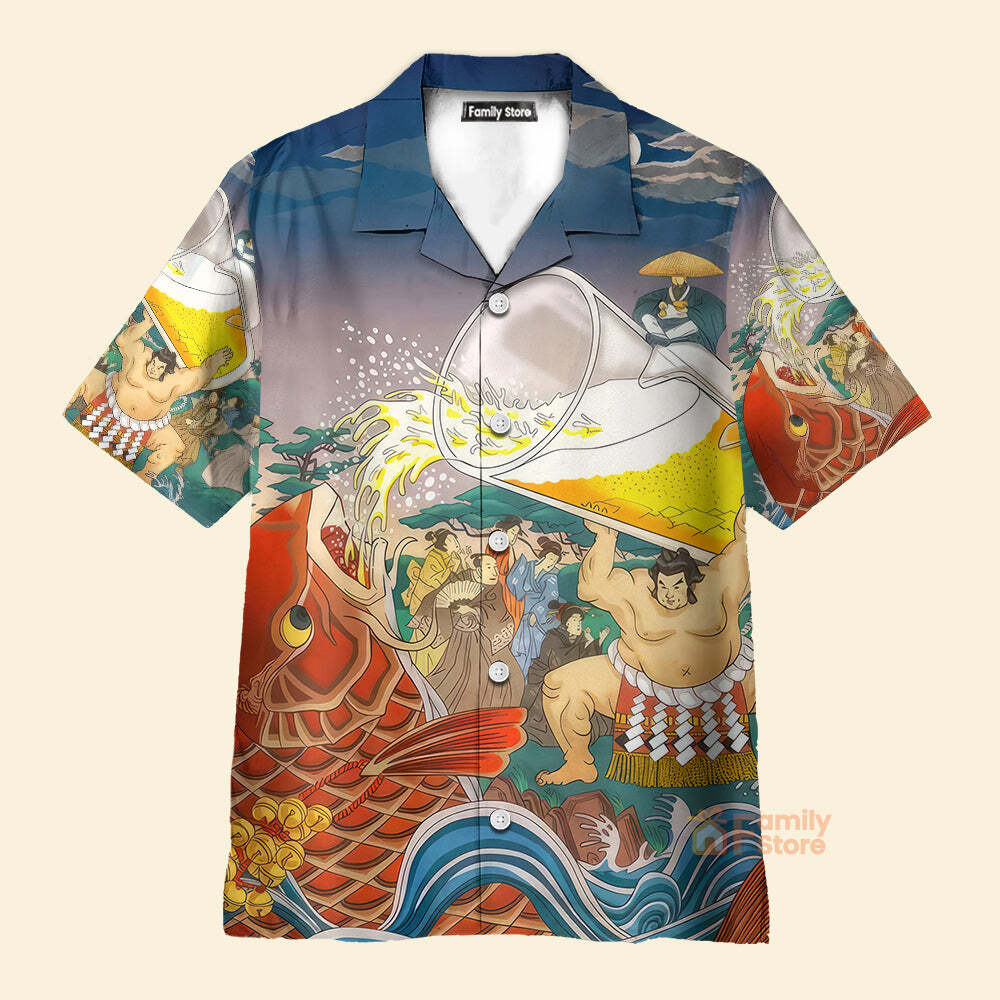 Oktoberfest Carp Drink Beer Themed Blue and Red Hawaiian Shirt for Festive Parties and Summer Style