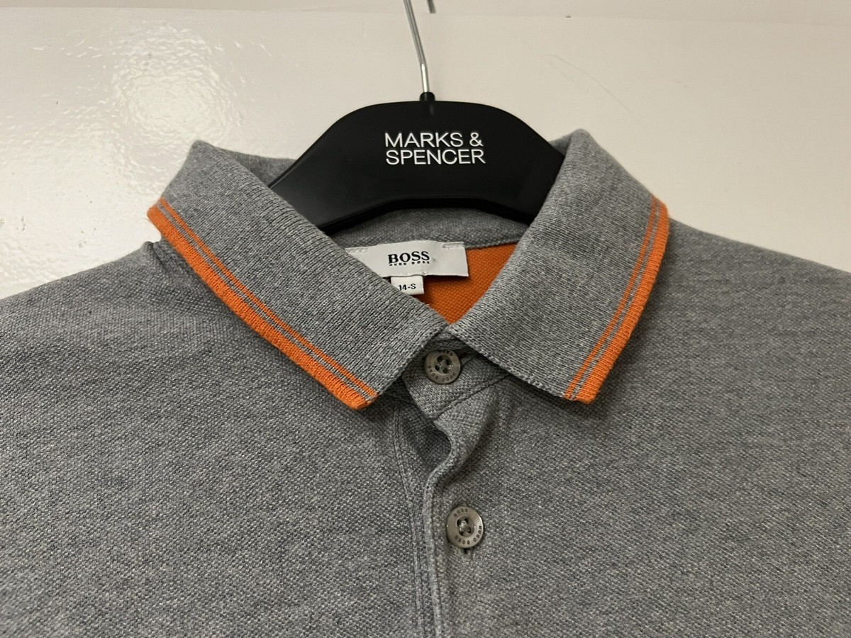 Boys 14 Years Hugo Boss Polo Top Grey Cotton Button Up Neck UK