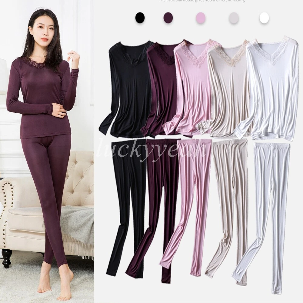 Women Mulberry Silk Thermal Underwear Sets Lace V-neck Jersey Silk Long  Johns