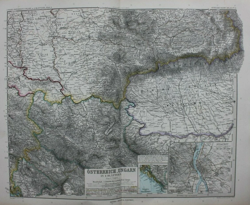 Mapa antiguo original SERBIA, HUNGRÍA, RUMANIA, PLANO BUDAPEST, Stieler, 1891 Foto 2 de 4