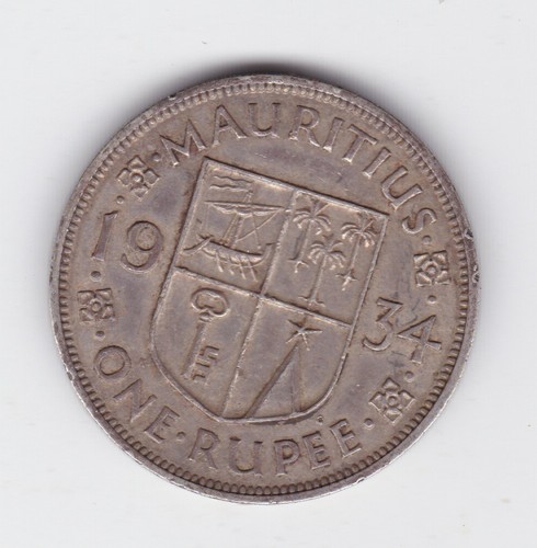 1934 mauritius one rupee king george coat of arms silver coin