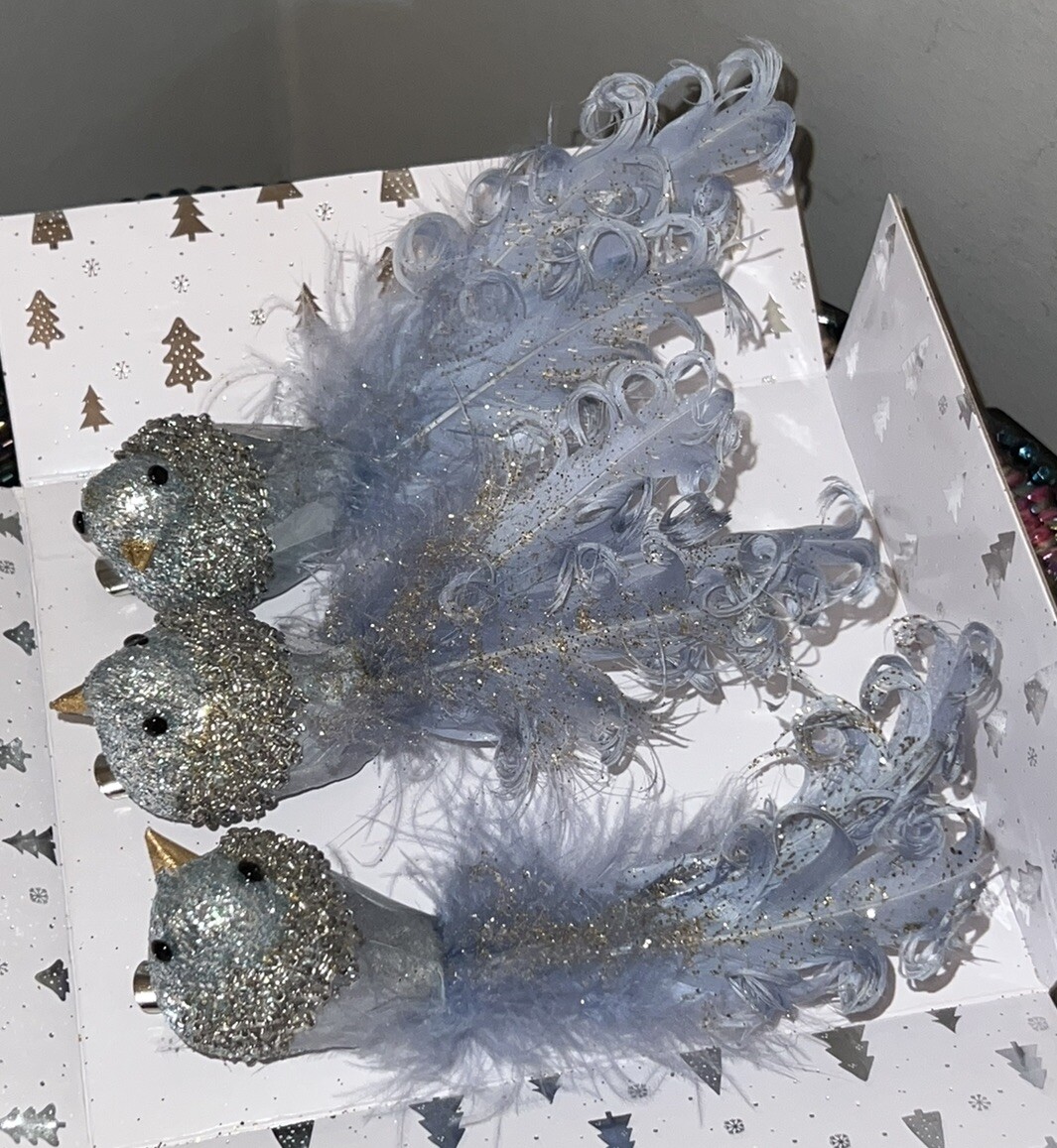Clipon Christmas Tree Ornaments Curly Feathered Blue Birds Set Of 3