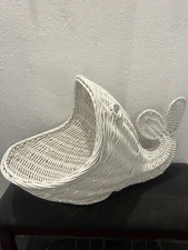 Whimsical Whale Storage Basket Display White Rattan Wicker Coastal Beach Decor