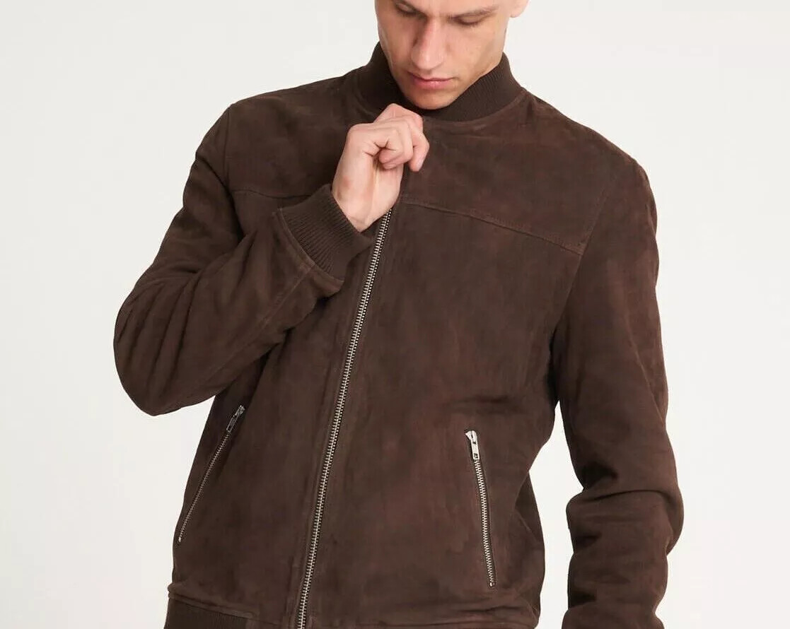Men Brown Suede Flight/Bomber Jacket 100% Lambskin Made To Measure Suede  Jacket
