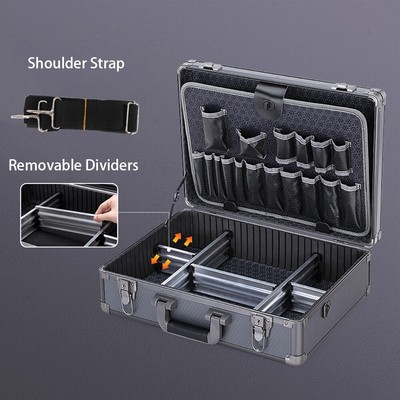 Gray Aluminum Hard Case Hardware Storage Toolbox with Adjustable Divider/Strap