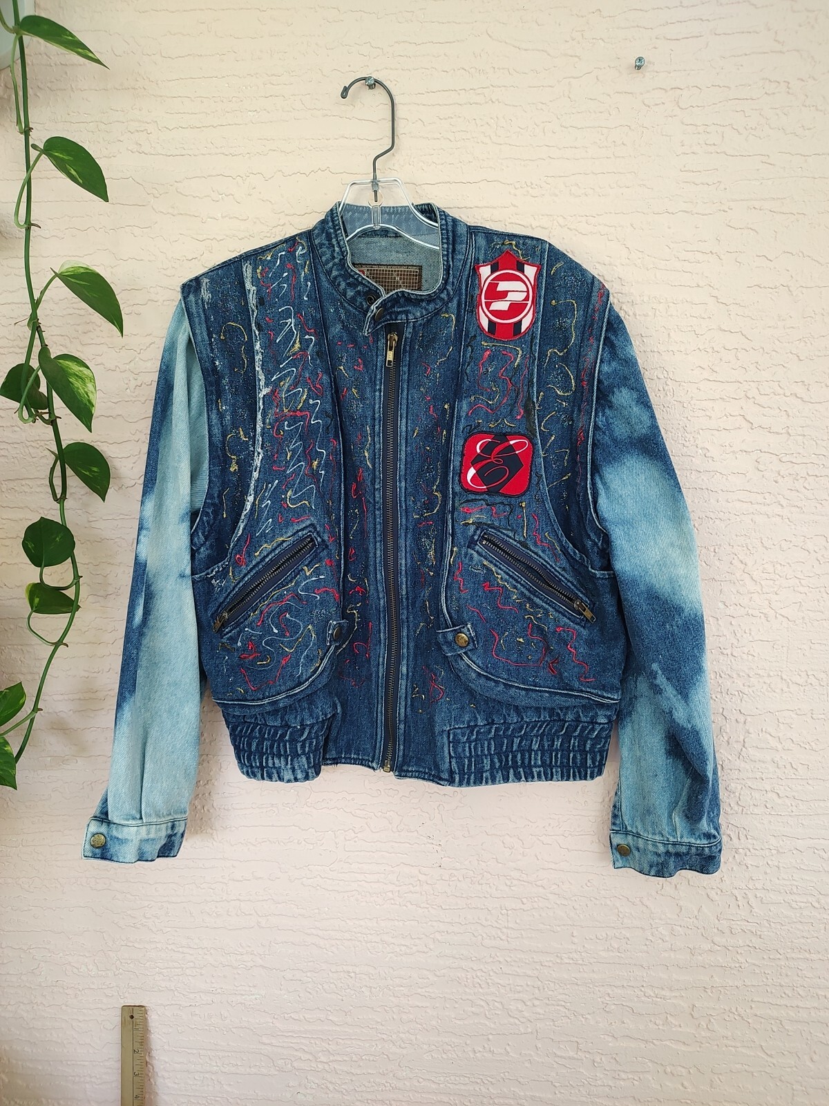 Custom Painted Junior Denim Jacket 11/13 Size L Acid Wash Patched Glitter Z slee