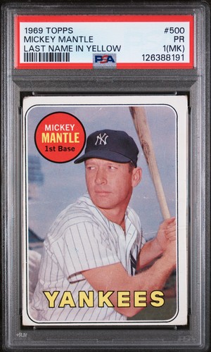 1969 TOPPS LAST NAME IN YELLOW #500 MICKEY MANTLE PSA 1 MK