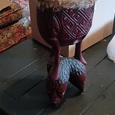 Hand Carved Wooden Drum w/ Animal Hide Head, Animal Figure Base, Red/Black