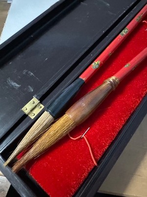Vintage Chinese Calligraphy Brush Set Wooden Box Pair Writing Brushes Red Handle