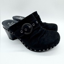 Dansko Nadine Suede Studded Buckle Heeled Clogs Black Sz 36 Biker Comfort Office