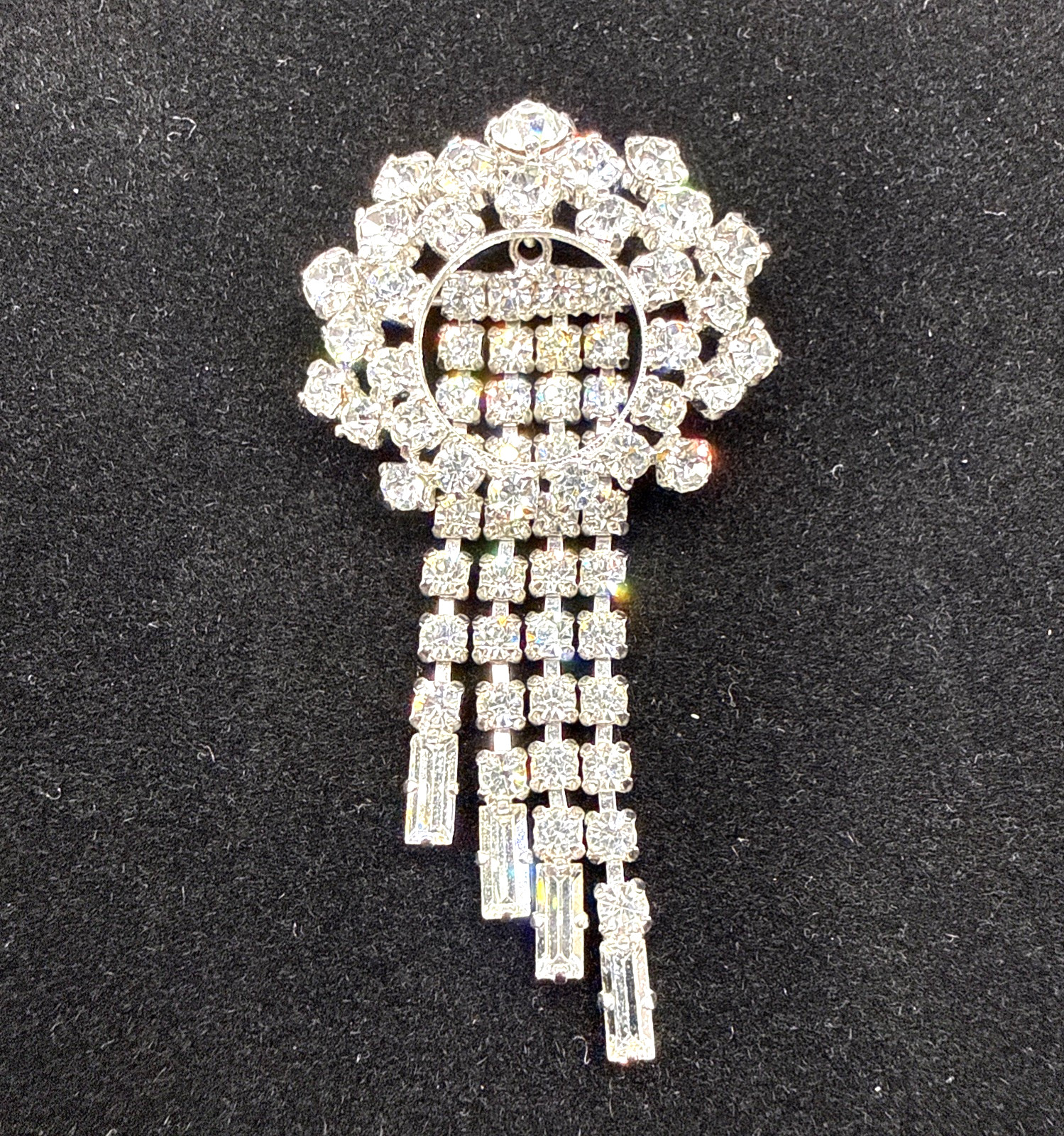 Vtg Clear Rhinestone Waterfall Dangle Brooch Pin Silver Tone Mid Century Glam
