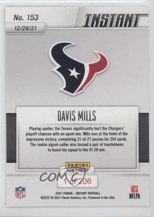 2021 Panini Instant NFL /206 Davis Mills #153 Rookie RC - Image 2 of 2