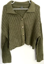 Wild Fable Sweater Womens 2XL Green Cropped Button Collared Ribbed Cardigan