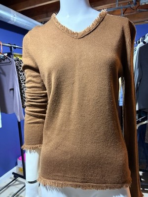 Chadwicks Fringe-Trim V-Neck Sweater - Honey Brown  Size Small. EUC