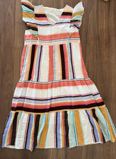 THML Small, Women's Ruffle Sleeve Maxi/Midi Dress. Colorful Stripes, Sleeveless