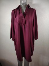 Tunic Shirt Dress Maroon 3/4 Adjustable Sleeve Buttons 3 Pockets, Size M