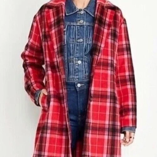 Old Navy Women’s Long Coat Red Tartan Plaid Oversized Soft Brushed Duster~3X - Image 4 of 4
