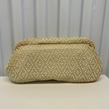 Vintage 1960s Cream Geometric Beaded Lumured Corde Handbag Clutch