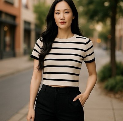 Le Lis Knit Crop Knit Summer Sweater Cream Black Striped Rayon Size Medium