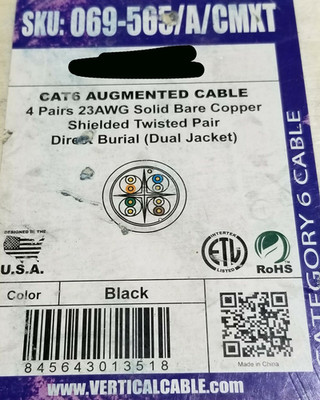 Vertical Cable 069-565/A/CMXT F/UTP CAT6A Direct Burial Waterproof 10G /50ft