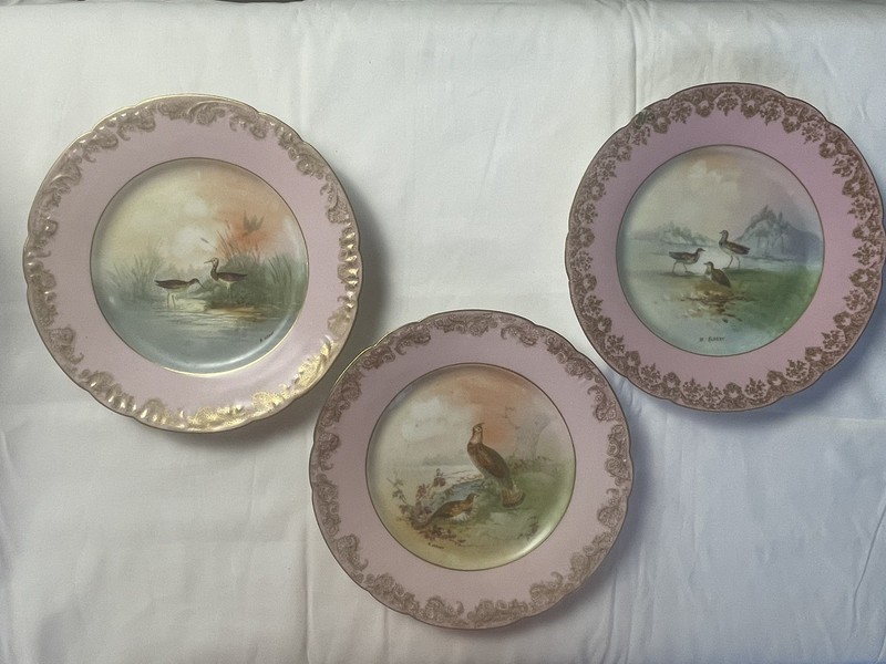 LOT 3 ANTQ THEODORE HAVILAND LIMOGES PINK WATER BIRD CAB PLATES SIGNED B. ALBERT