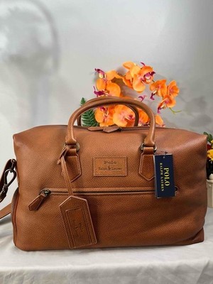 NWT POLO RALPH LAUREN Pebbled Leather Duffel Bag in Cognac Brown