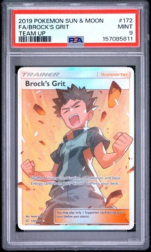 2019 POKEMON SUN & MOON TEAM UP #172 FULL ART/BROCK'S GRIT PSA 9