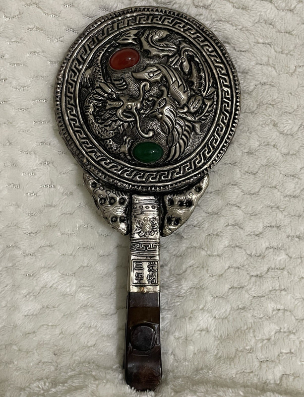 Collectible Dragon Design Metal Hand Mirror w/ Cabochons, Carved Handle Mark