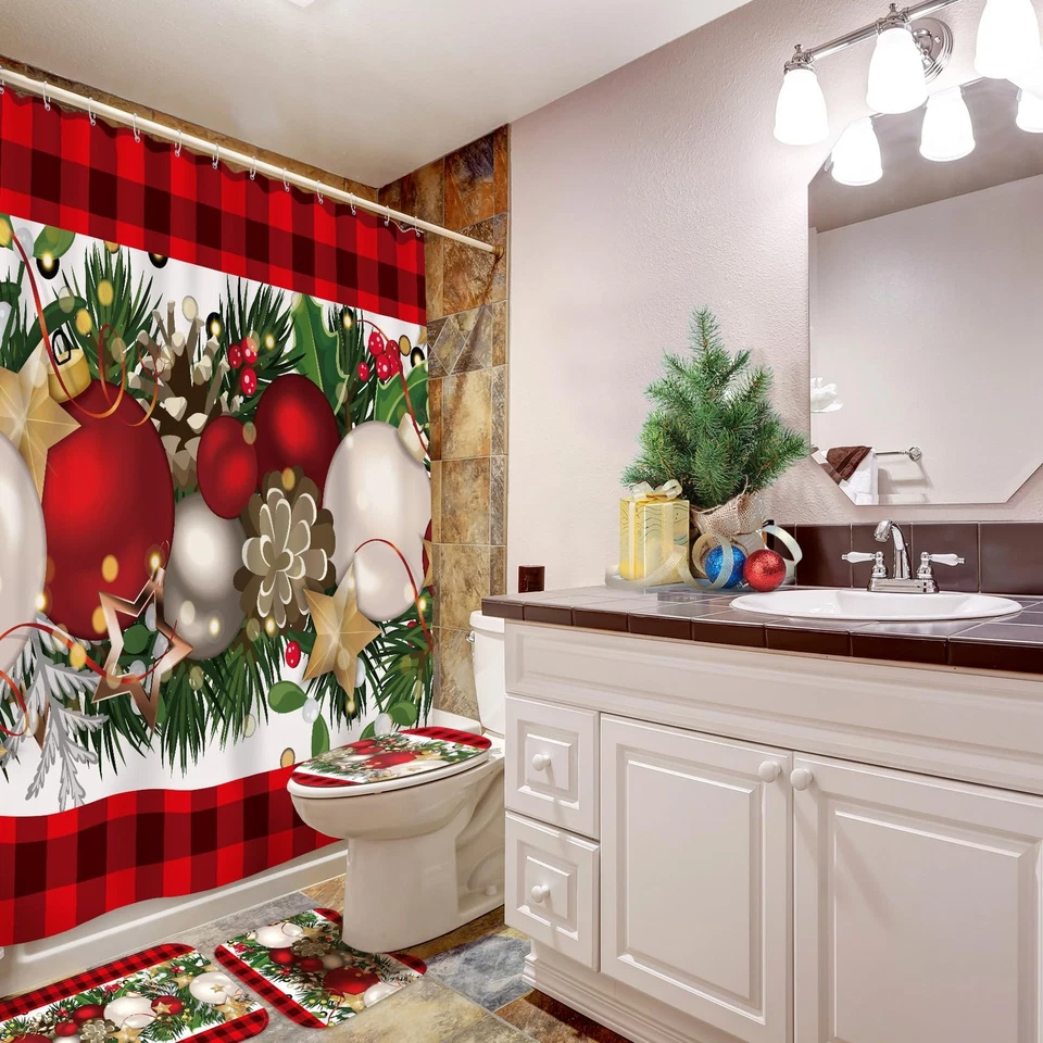4 Pcs Christmas Shower Curtain Set with Non Slip Rugs Toilet Lid Cover Floor Mat - Изображение 4 из 4