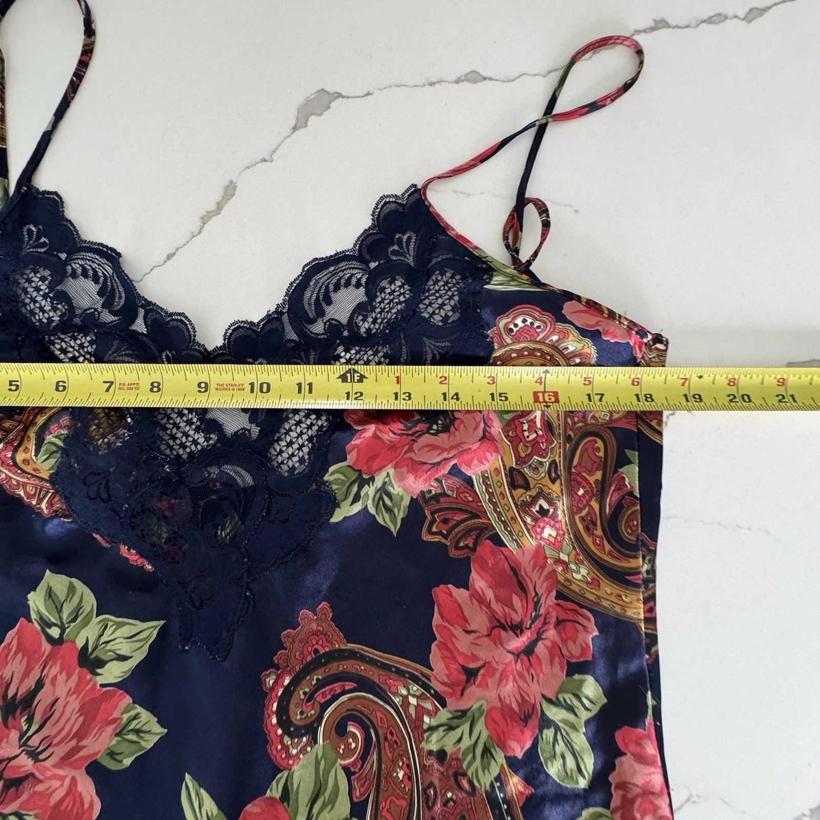 UNDERCOVER Camicia da notte vintage Victorias Secret donna grande etichetta oro blu navy rosa floreale EF