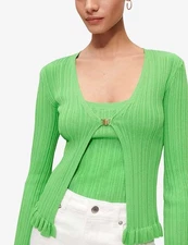 Maje Maestro Ribbed Ruffled Knit Cardigan Sweater Green NEW Womens 1 US Small